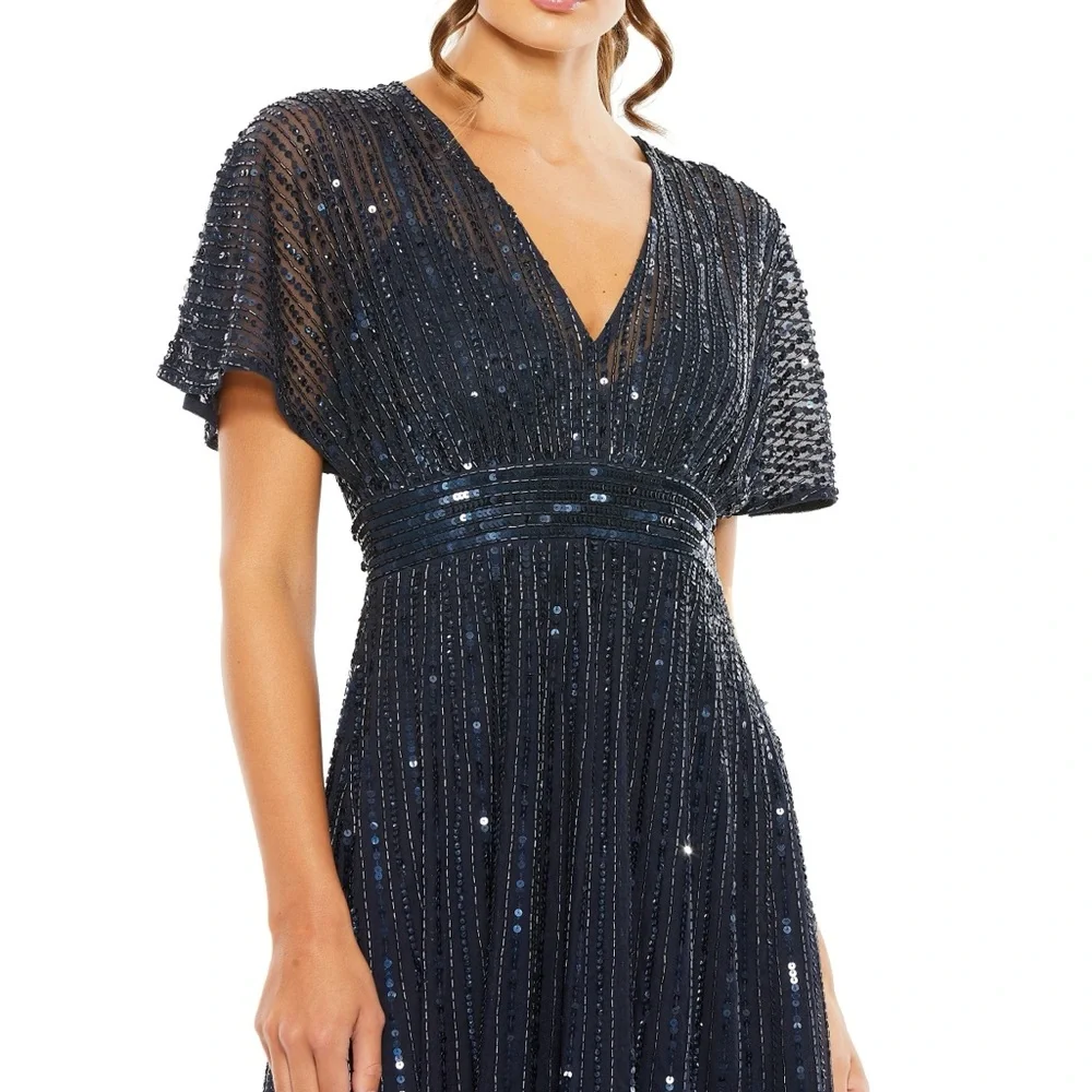 NWT Mac Duggal 14007 Embellished Short Sleeve Empire Waist Dress 6 Blue A-line - Picture 2 of 12